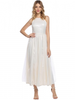 

Beige Sleeveless Sequined Mesh Patchwork Dresses, Multicolor