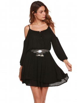 

Black Cold Shoulder Lantern Sleeve Layered A-Line Dress, Multicolor