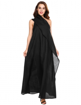 

Black Linen One Shoulder Loose Casual Maxi Dress, Multicolor