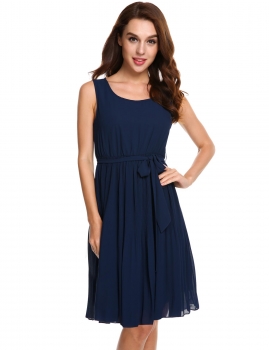

Dark blue Sleeveless Solid A-Line Pleated Hem Chiffon Dress with Lining, Multicolor