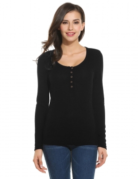 

Black Women Casual Rib Long Sleeve O Neck Solid Slim Pullover Top, Multicolor