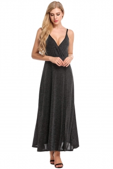 

Black Women V-Neck Wrap Front High Waist Glitter Maxi Dress, Multicolor