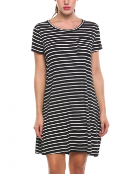 

Black Short Sleeve Striped A-Line Mini T-Shirt Casual Dress, Multicolor