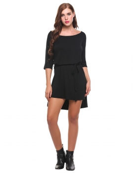 

Black Women O-Neck Short Sleeve Solid Hem Split Loose Pullover Dress with Belt, Multicolor