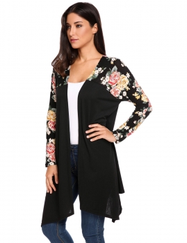 

Black Long Sleeve Open Front Floral Patchwork Irregular Long Cardigan, Multicolor