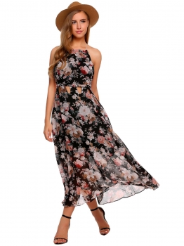 

Black Backless Halter Sleeveless Floral High Waist Dress, Multicolor