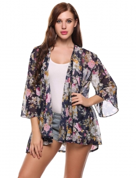 

Blue 3"4 Sleeve Loose Print Open Stitch Beach Chiffon Cover up, Multicolor