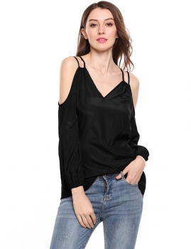 

Black Double V Neck Long Sleeve Solid Cold Shoulder Top, Multicolor
