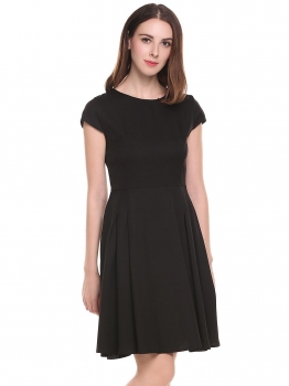 

Black O-Neck Cap Sleeve Solid A-Line Pleated Hem Chiffon Dress, Multicolor