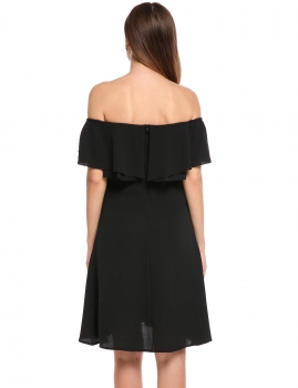 

Black Slash Neck Off Shoulder Solid Ruffle Sleeve A-Line Pleated Hem Tunic Ruffle Brim Dress, Multicolor