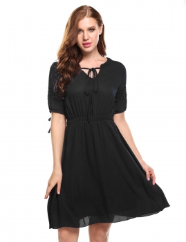

Black Casual Lace Half Sleeve Patchwork V Neck Pullover Chiffon Tunic Dress, Multicolor