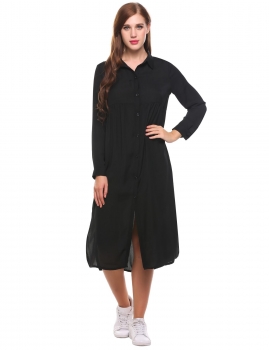 

Black Long Sleeve Casual Loose Solid Side Split Shirt Casual Dress, Multicolor