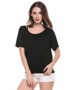

Black Batwing Short Sleeve Solid Casual Shirring Dolman Top, Multicolor