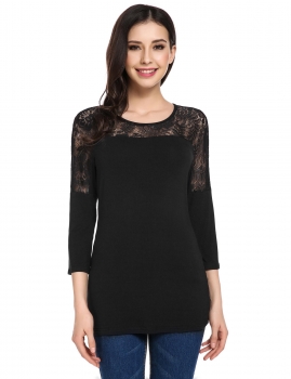 

Black 3"4 Sleeve Lace Patchwork Casual Slim Fit T-Shirts, Multicolor