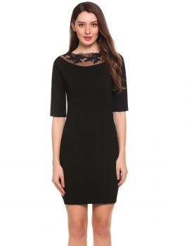 

Black O-Neck Short Sleeve Patchwork Lace Slim Dress, Multicolor