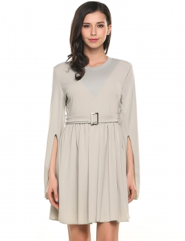 

Gray Long Sleeve Solid Slit Sleeve O Neck Pleated A-Line Dress With Belt, Multicolor