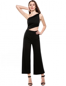 

Black Sleeveless Solid Backless Clubwear Oblique Collar Slim Sexy Jumpsuit, Multicolor