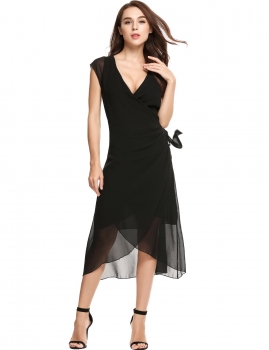 

Black Casual Front Bandage Asymmetrical Hem Chiffon Dress, Multicolor