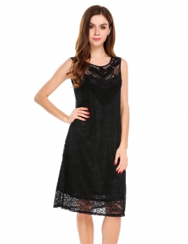 

Black Sleeveless Solid Loose Fit Casual Floral Lace Tunic Dress, Multicolor