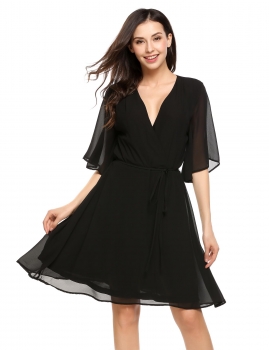 

Black Bell Sleeve Solid Chiffon Fit and Flare Belted Dress, Multicolor