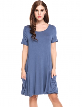 

Blue O-Neck Short Sleeve Solid Pleated Hem Dress with Pockets, Multicolor