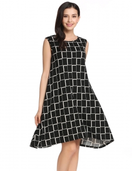 

Black Sleeveless Plaid Loose Swing Tunic Belted Casual Dress, Multicolor