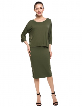 

Army green Batwing Sleeve Split Back Blouse + Tank Dress 2 Piece Set, Multicolor