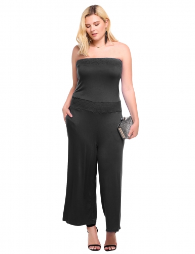 black strapless solid wide leg pocket plus size jumpsuit