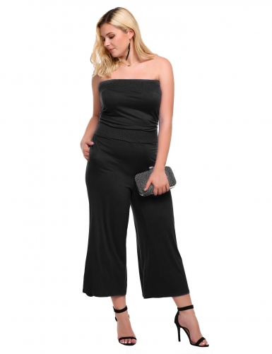 black strapless solid wide leg pocket plus size jumpsuit