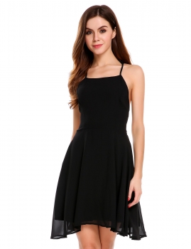 

Black Solid Strap Back Cross Bandage Skater Dress, Multicolor