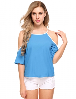 

Blue Short Sleeve Contrast Color Loose Cold Shoulder Chiffon Tops, Multicolor