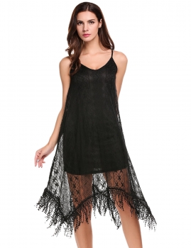

Black Sleeveless Floral Lace V Neck Spaghetti Straps Asymmetrical Going Out Dress, Multicolor