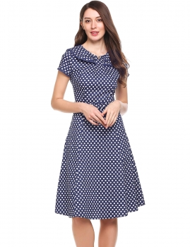 

Blue Vintage Styles Doll Collar Cap Sleeve Dot A-Line Pleated Casual Dress, Multicolor