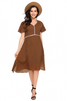 

Brown V-Neck Short Sleeve Dot Patchwork Dress, Multicolor