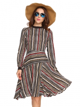 

Black O-Neck Long Sleeve Casual Striped Dress, Multicolor