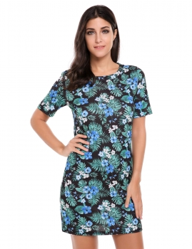 

Blue Floral Print Short Sleeve Side Slit Slim Fit T-Shirt Dress, Multicolor