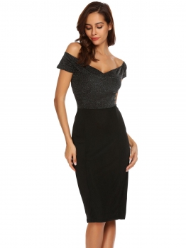 

Black Short Sleeve Off Shoulder Shinny Bodycon Dress, Multicolor