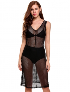 

Black V-Neck Sleeveless Net Hollow Out See-through Elastic Cover Up Dress, Multicolor