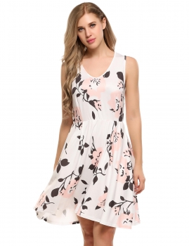 

Pink Sleeveless Floral V Neck A-Line Casual Dress, Multicolor