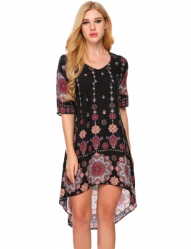 

Black Short Sleeve Floral Print Asymmetrical Dress, Multicolor