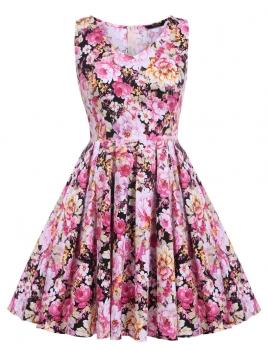 

Yellow Floral Print Vintage Swing Tea Dress, Multicolor