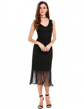

Black V-Neck Sleeveless Solid Fringed Midi Dress, Multicolor