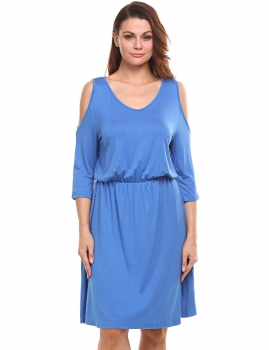 

Blue Cold Shoulder Solid Elastic Casual Dress, Multicolor
