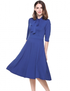 

Blue Bandage V-Neck Half Sleeve Solid Tunic A-Line Pleated Hem Elastic Dress, Multicolor