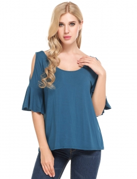 

Blue Boat Neck Flare Sleeve Cold Shoulder Elastic T-Shirt, Multicolor