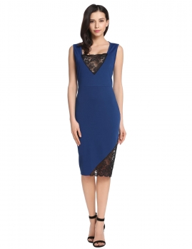 

Blue Sleeveless Lace Patchwork Cocktail Bodycon Party Dress, Multicolor