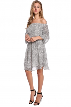 

White Off Shoulder Long Sleeve Print Beach Casual Dress, Multicolor