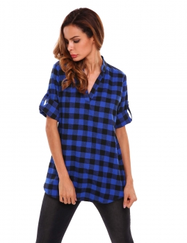 

Blue 3"4 Sleeve V-neck Plaid Loose Casual Shirts Tops, Multicolor