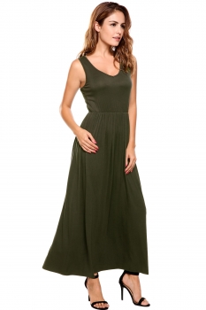 

Army green V-Neck Sleeveless Elastic A-Line Maxi Casual Dress, Multicolor