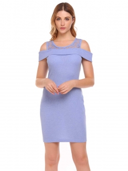 

Blue Cold Shoulder Patchwork Mini Package Hip Pencil Dress, Multicolor